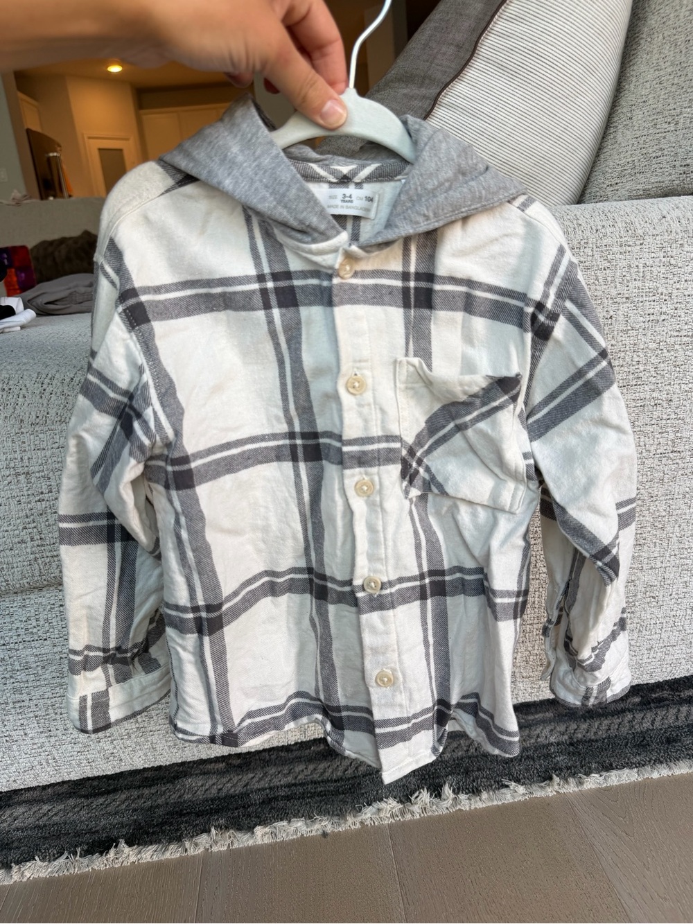 Zara Cream & Gray Plaid Hooded Button-Down Shirt